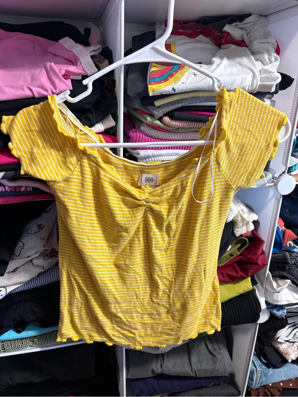 BDG Yellow Striped Short Sleeve Ruffle-Hem Camisole